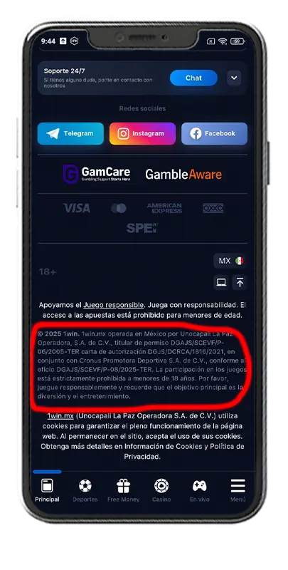 Pie de página de 1Win México con métodos de pago aceptados, licencia DGJS/SEGOB y aviso de juego responsable