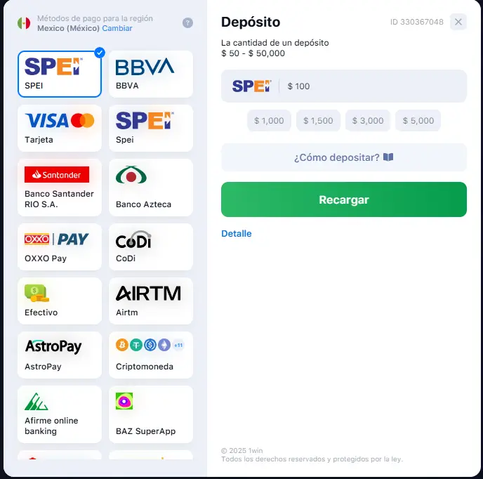 Métodos de pago disponibles en 1Win México, incluyendo SPEI, OXXO Pay y tarjetas bancarias