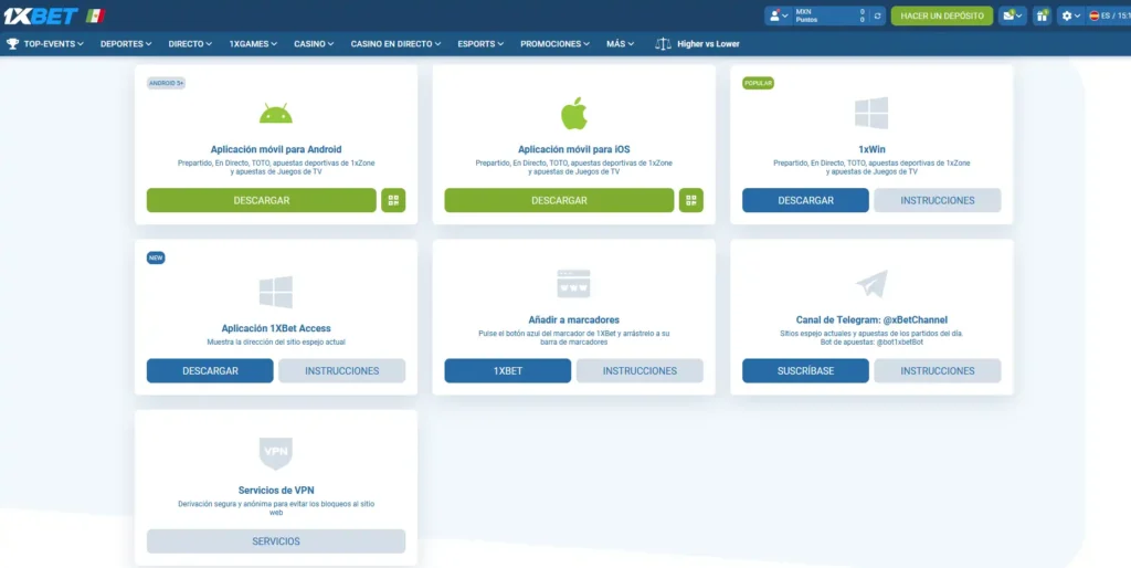 Página de descarga de las apps de 1xBet México para Android, iOS y escritorio