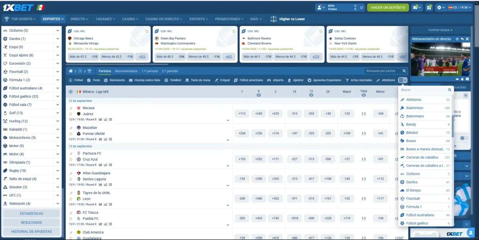 Lobby de deportes de 1xBet México con el listado completo de disciplinas disponibles