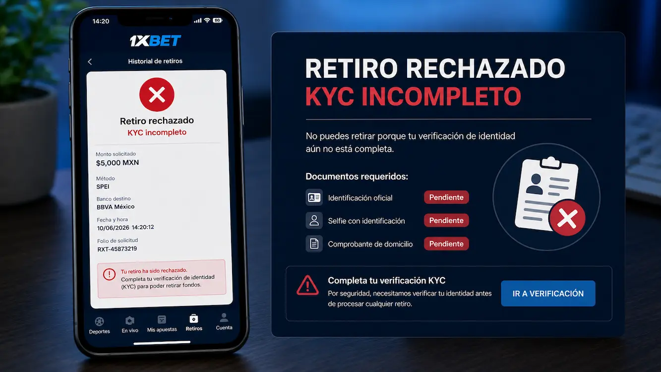 Ejemplo de un retiro rechazado en 1xBet México por no completar la verificación KYC