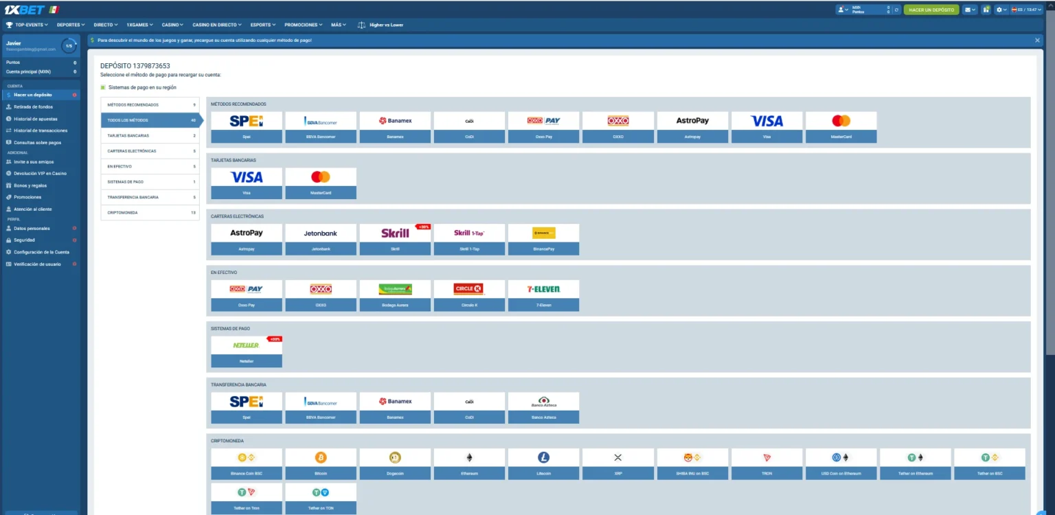 Todos los métodos de pago disponibles para depositar en 1xBet México