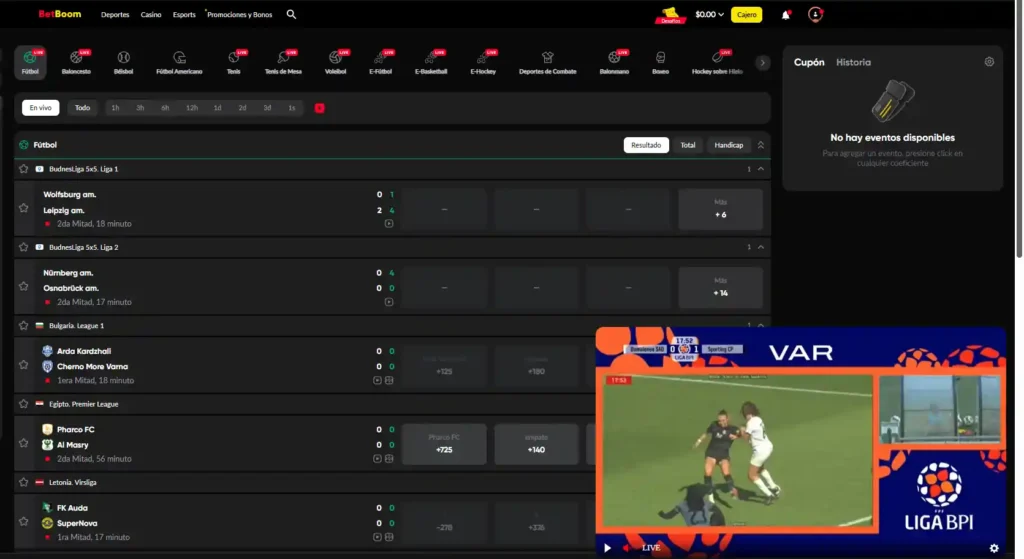 Apuestas en vivo de BetBoom México con transmisión en directo del partido