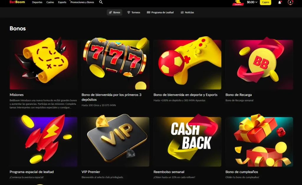 Sección de bonos de BetBoom México, incluyendo el bono de bienvenida en deporte y Esports