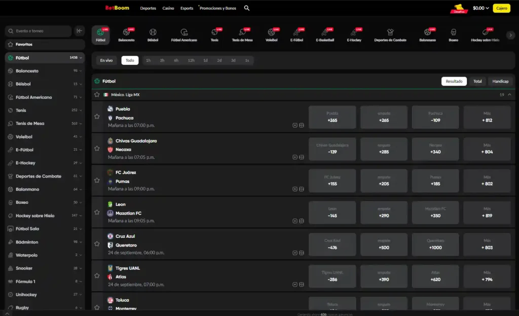 Lobby de deportes y esports de BetBoom México con partidos y momios en pre-partido
