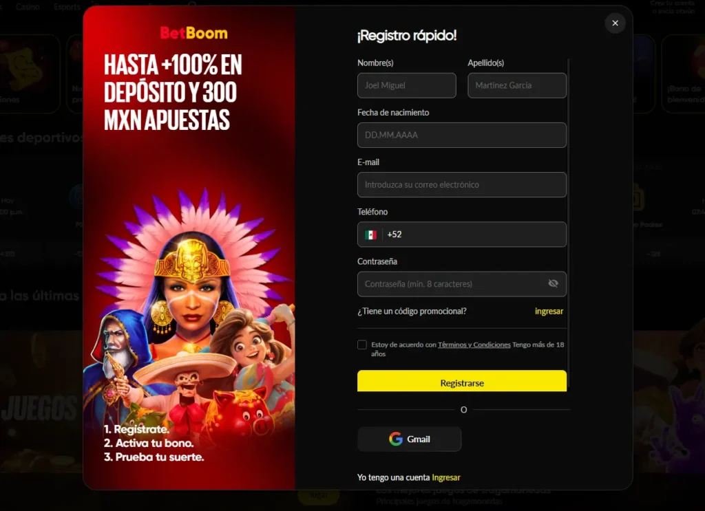 Formulario de registro rápido de BetBoom México con el bono de bienvenida de +100%