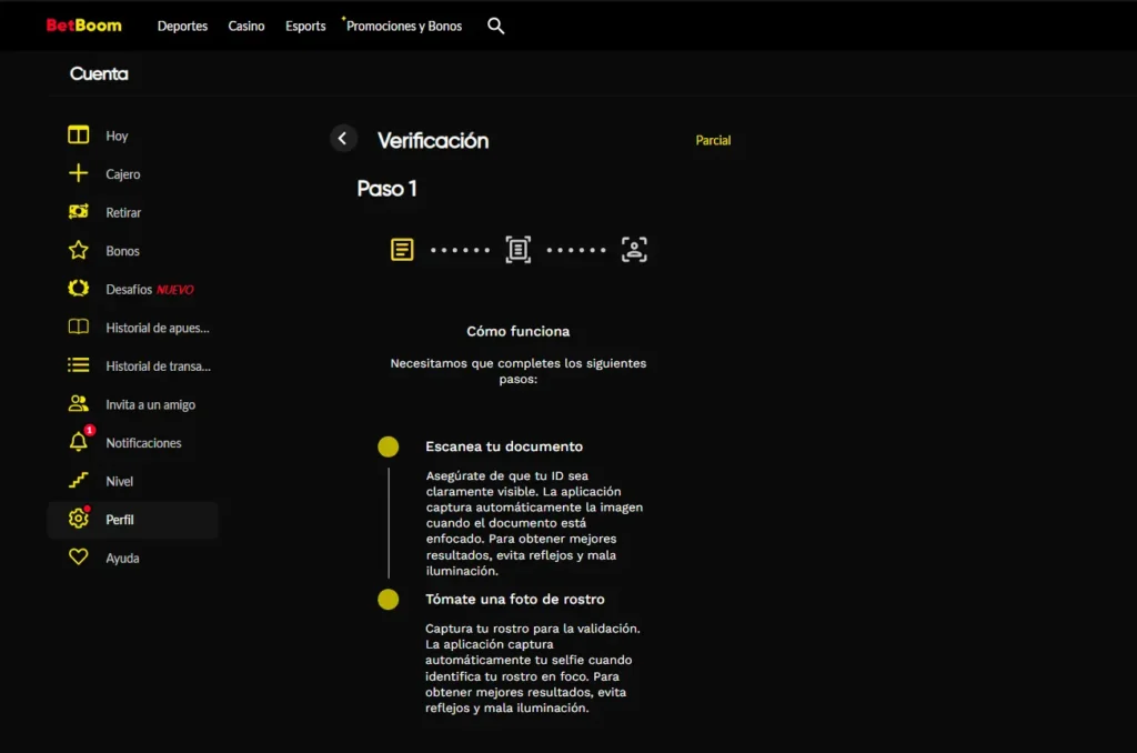 Pasos para verificar la identidad (KYC) en BetBoom México escaneando documento y rostro