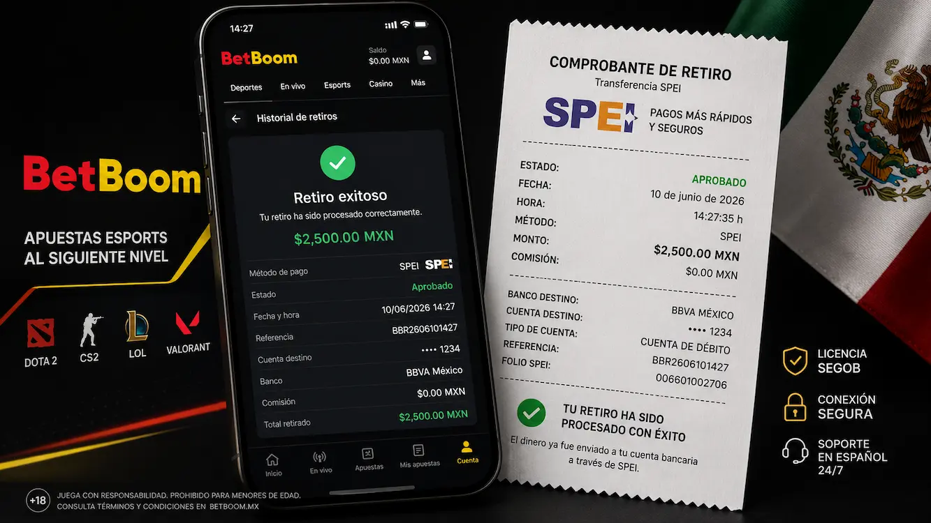 Comprobante de un retiro exitoso vía SPEI en BetBoom México