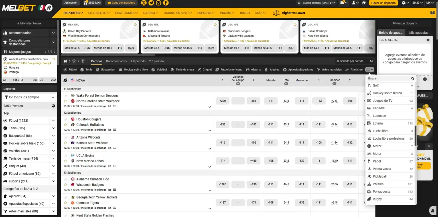 Lobby de deportes y eSports de Melbet México con partidos y mercados disponibles
