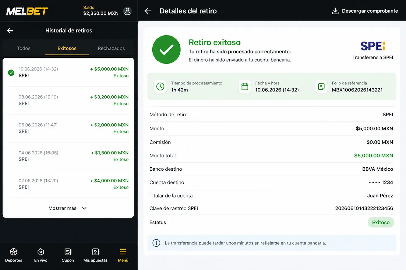 Comprobante de un retiro exitoso vía SPEI en Melbet México