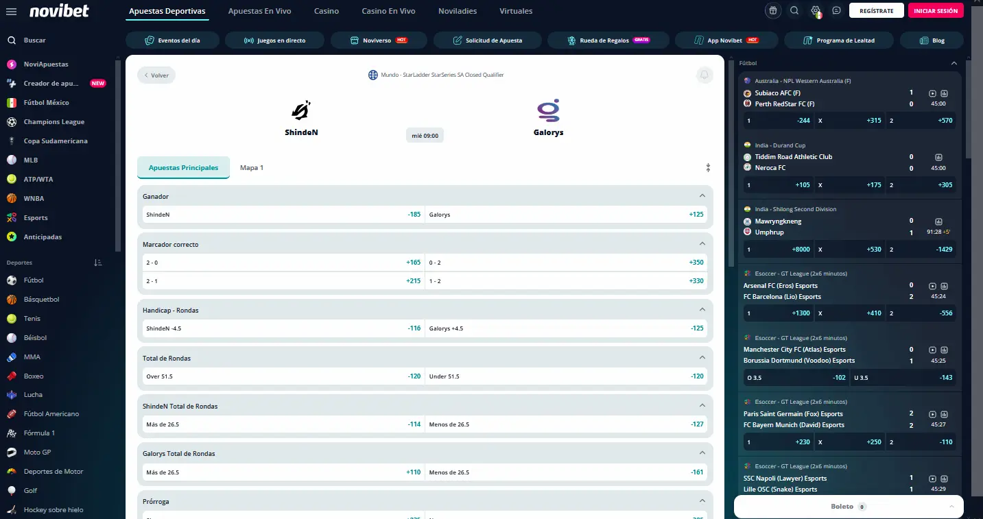 Mercados de apuestas de CS2 en Novibet México, incluyendo margen de victoria por rondas y total de rondas par/impar