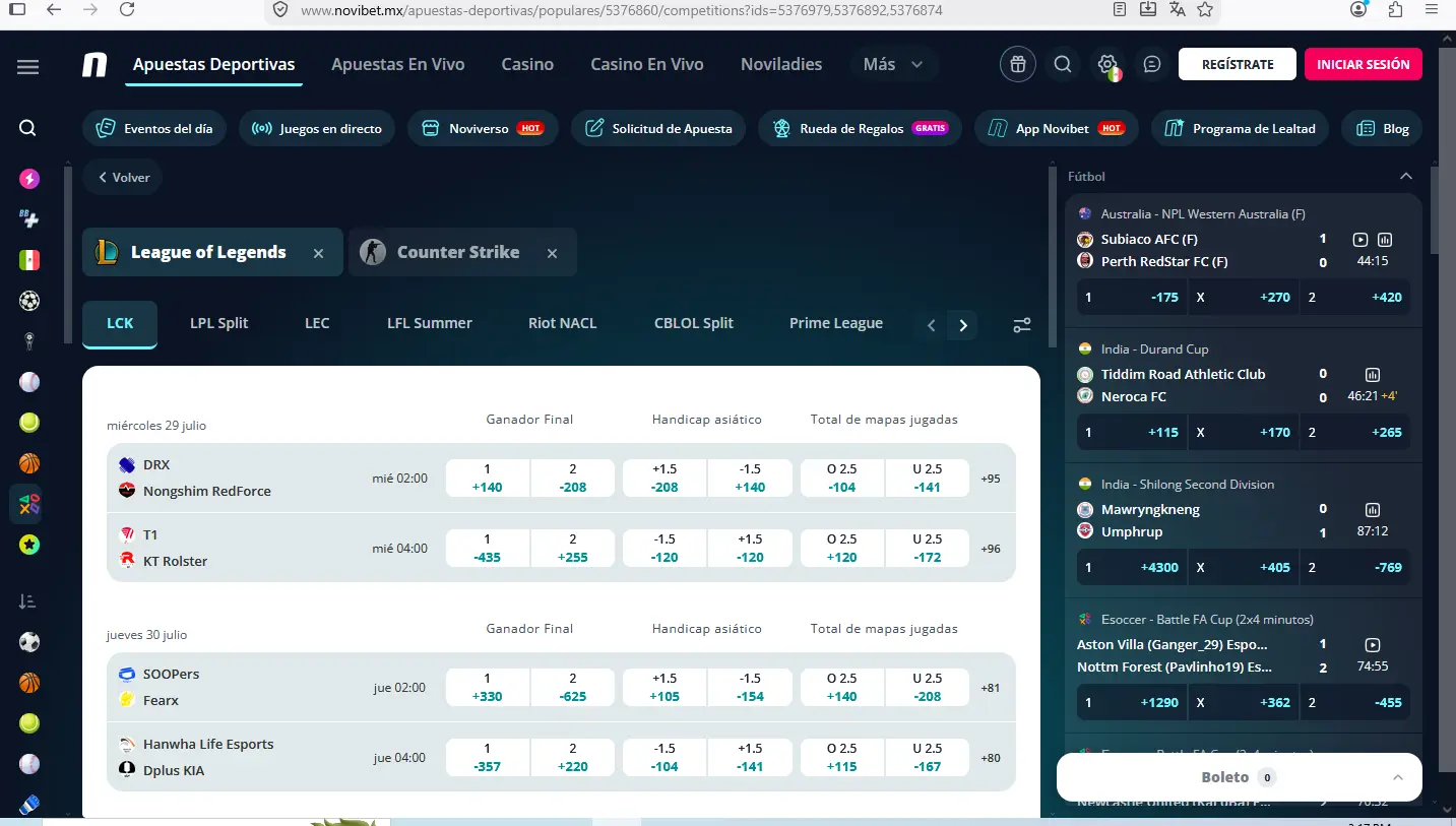 Sección de esports de Novibet México con las disciplinas CS2, League of Legends y Dota 2 disponibles para apostar