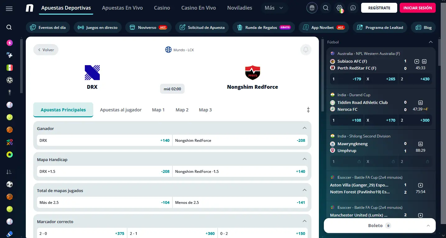 Mercados de League of Legends en Novibet México, con ganador de partido y hándicap de mapas