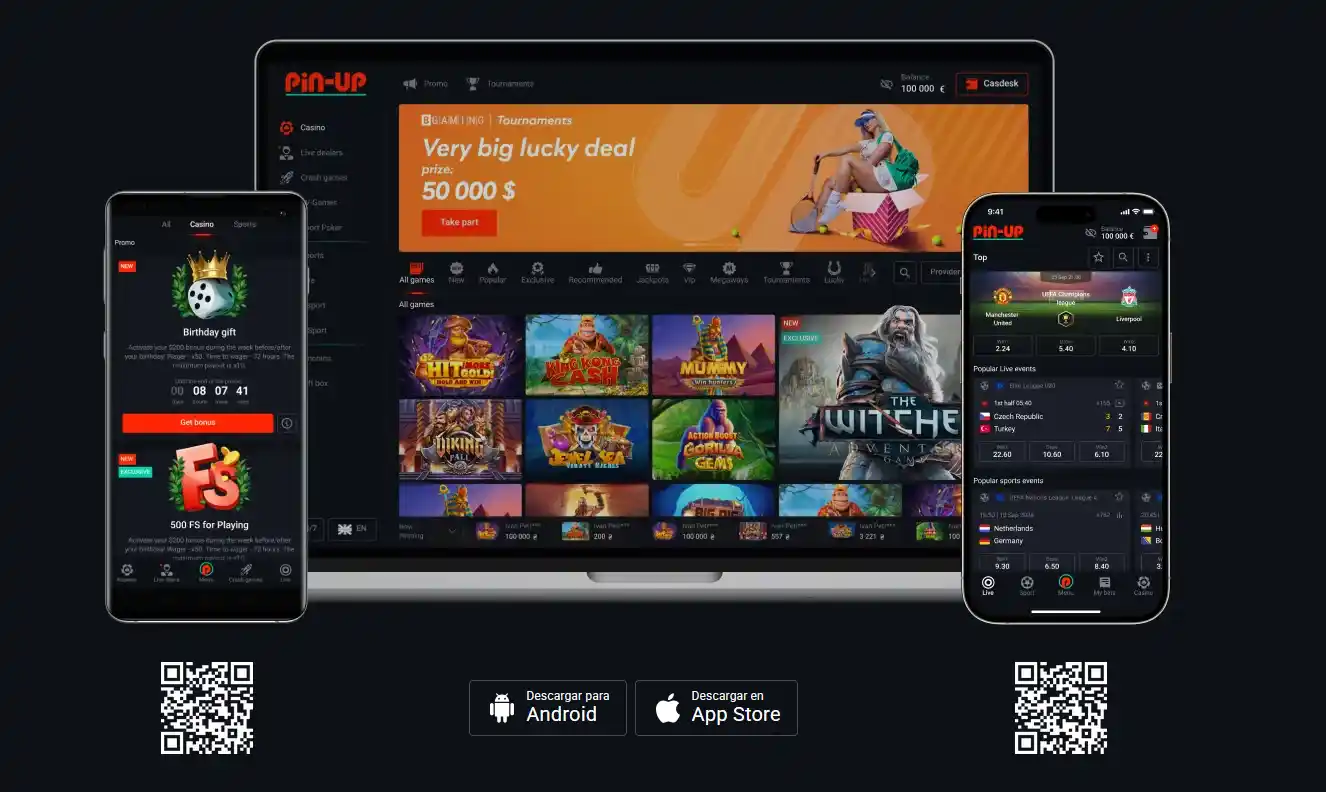 App de Pin-Up México disponible en varios dispositivos con códigos QR para Android y App Store