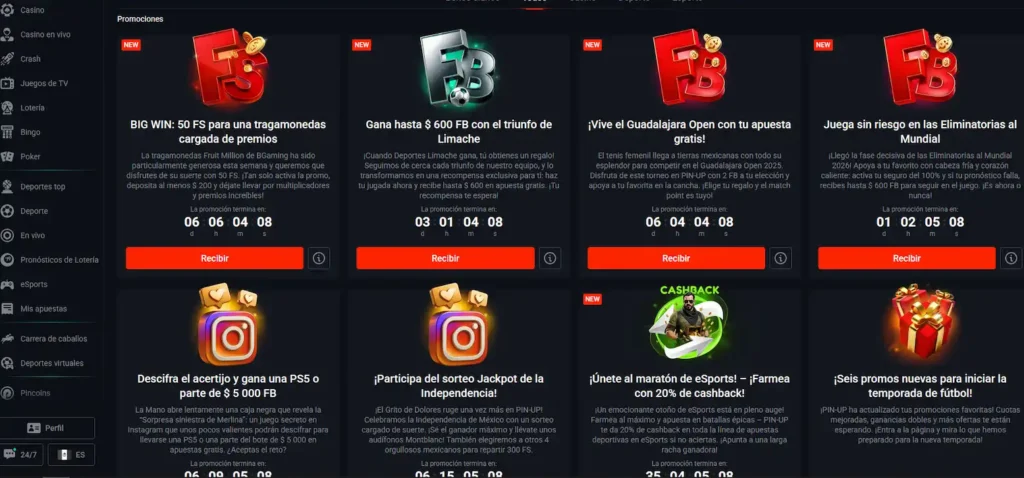 Promociones de Pin-Up México, incluyendo cashback de 20% en eSports