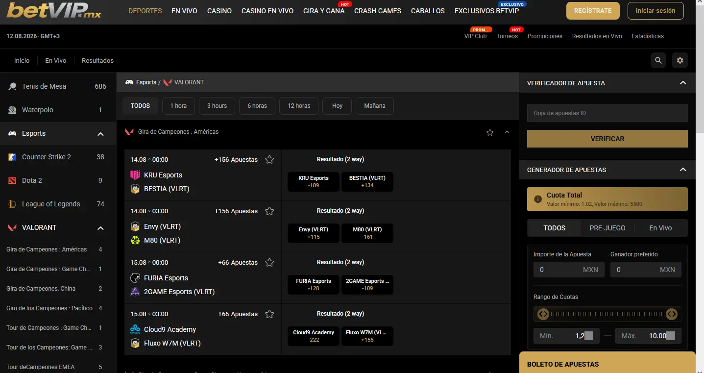 Cuotas de Valorant en BetVIP para VCT Masters y Champions